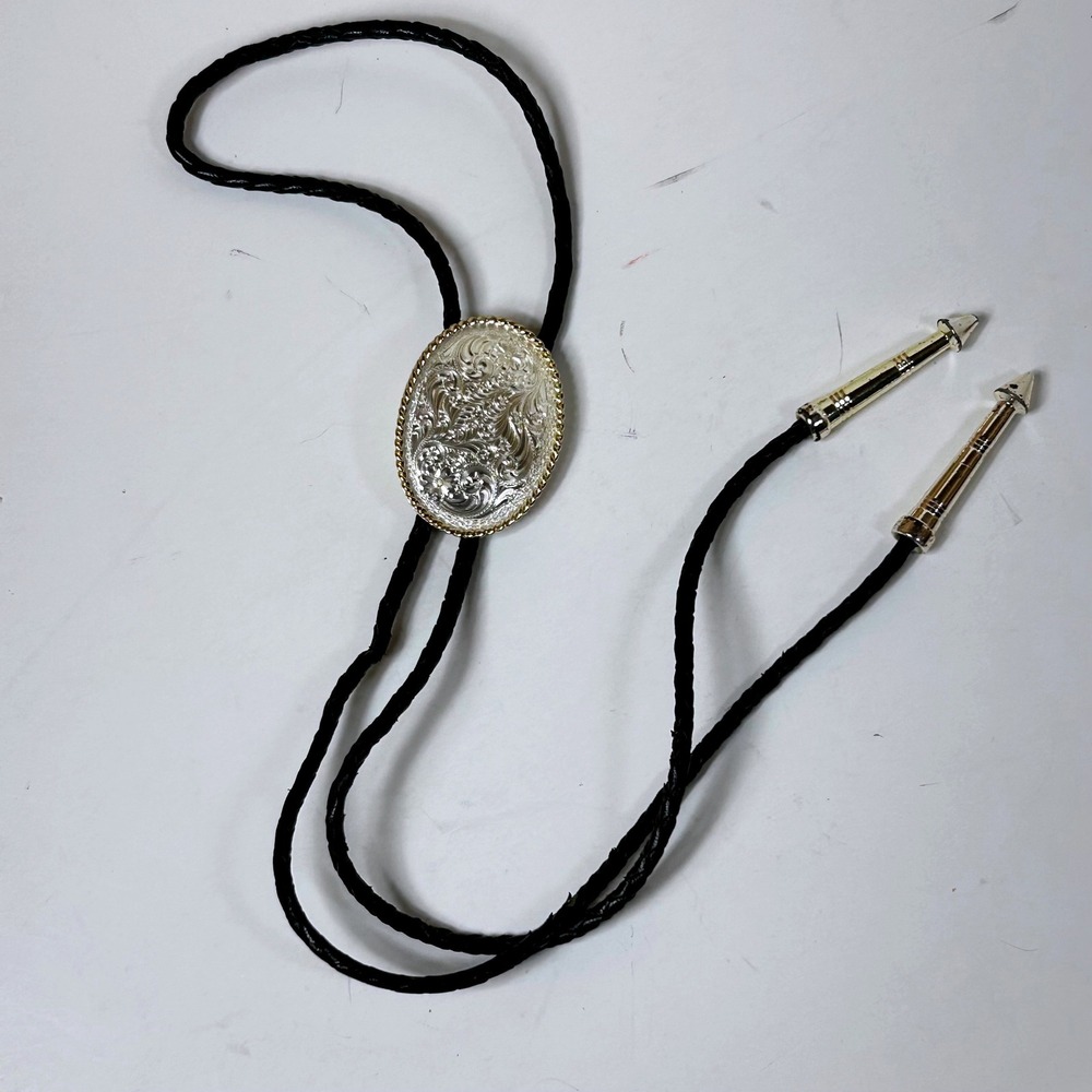 Montana Silversmiths Western Floral Engraved Oval Bolo Tie Black Braided Cord